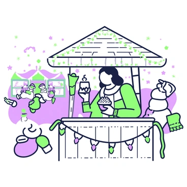 A patron is standing at a wooden booth at a festive winter fair. The booth is decorated with string lights and green garlands. The patron, wearing a cozy sweater and a warm scarf, holds a steaming cup of hot cocoa in both hands. Whipped cream and sprinkles are visible on top of the cocoa. Surrounding the patron are colorful stalls, each adorned with green and purple ornaments. Snowflakes are gently falling, creating a wintery atmosphere, while children play in the background, building a snowman. The scene captures the essence of a joyful winter celebration.