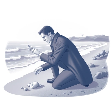A man named Victor Frankenstein is kneeling on a shore, carefully collecting seashells. The beach is lined with soft sand and scattered rocks, partially covered in mist. In the background, gentle waves lap at the shore, creating a serene atmosphere. Victor is dressed in 19th-century clothing, including a dark coat and trousers. He holds a seashell in one hand, examining it closely, while several other shells are gathered in a small pile beside him. The environment is tranquil, with hints of seaweed and distant seagulls visible in the fog.