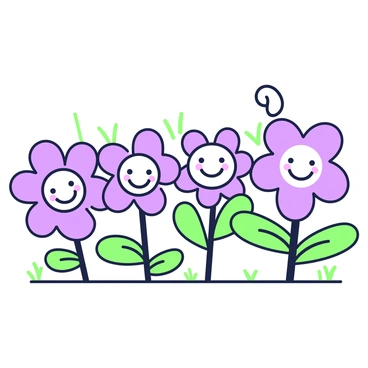 A playful edge of cartoon-style flowers is illustrated along the bottom of the image. Each flower has a smiling face in the center, exuding a cheerful expression. The petals of the flowers are varied in shape and size, creating a whimsical appearance. Some flowers have long, narrow petals, while others have round, wide petals. The flowers are arranged in a semi-random pattern, providing a lively and dynamic feel. Green stems connect each flower to the ground, and there are small leaves sprouting from the stems, adding to the playful scene.