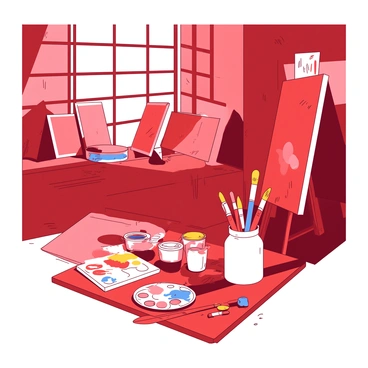 A red artist's studio is filled with various colorful paint tubes scattered on a wooden table. There are several canvases leaning against the walls, some displaying unfinished artwork. A collection of brushes is organized in a white jar on the table, with some brushes dipped in vibrant paint. Sunlight streams in through a window, illuminating the space and casting soft shadows on the floor. A palette with a mix of colors lies next to the jars, showcasing a blend of hues.