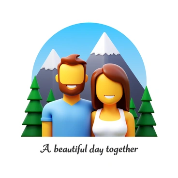 A couple standing close together, smiling warmly at the camera. They are dressed casually, with the man in a light blue shirt and the woman in a white summer dress. The background features tall, majestic mountains, their peaks dusted with snow. Lush green trees and a clear blue sky enhance the natural scenery surrounding the couple. "A beautiful day together" is written in elegant font beneath the scene.