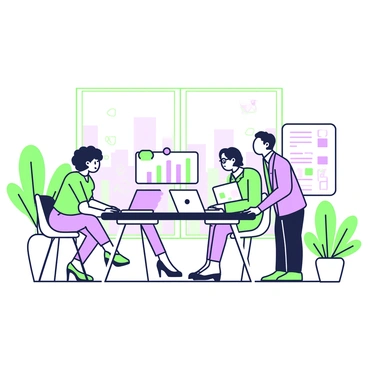 A businessman wearing a tailored suit is sitting at a conference table in a modern office. He is engaged in discussion with a diverse team consisting of three individuals. One team member, a woman with curly hair, is leaning forward with a laptop open in front of her. Another team member, a man with glasses, is pointing at a digital screen displaying graphs and charts. The third team member, a woman with straight hair, is taking notes in a notepad. The office has large windows with a view of the city skyline, and there are plants positioned in the corners of the room. A whiteboard filled with notes and diagrams is visible in the background.