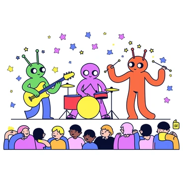 A group of three cartoon aliens playing music on a stage. The first alien has a green body with three eyes and long antennae, holding a bright blue guitar. The second alien is purple with a round body and short limbs, playing a yellow keyboard. The third alien has orange skin and tall, thin arms, enthusiastically drumming on a red drum set. In front of the stage, there is a cheering audience made up of various colorful characters, all with excited expressions. The backdrop of the stage features colorful lights and stars, creating a lively atmosphere.