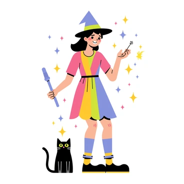 A cute witch with a pointed hat and a colorful dress is casting a spell. She has a joyful expression on her face. Sparkling magic lights in various colors swirl around her. The lights create an enchanting aura, illuminating her surroundings. The witch holds a wand in one hand, and her other hand is raised, directing the magic. A small black cat with bright green eyes sits at her feet, watching the spell being cast.