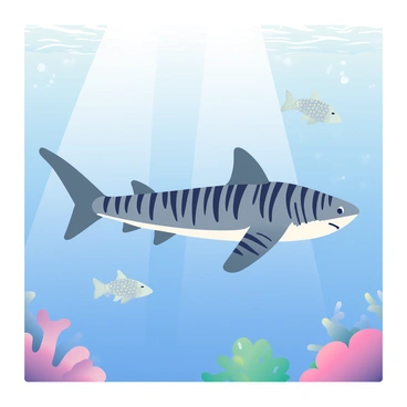 A tiger shark with distinctive dark stripes and a smooth, sleek body is gracefully gliding through the clear blue ocean water. The shark's dorsal fin cuts through the surface as it moves effortlessly. A school of tiny, shimmering silver fish swims nearby, forming a tight, swirling formation. The sunlight filters down from above, creating shimmering patterns on the ocean floor. The background shows coral reefs in soft colors, adding depth to the underwater scene. The shark appears calm and inquisitive, observing the lively school of fish around it.