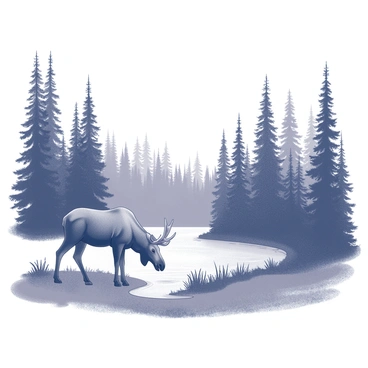 A dense boreal forest filled with tall, slender evergreen trees. The forest floor is covered in a mix of soft moss and small shrubs. In the foreground, a large moose stands near the edge of a tranquil lake. The moose is bending down, drinking from the still water, creating gentle ripples on the surface. The background features more evergreen trees, their silhouettes slightly fading into the distance, under a clear sky.