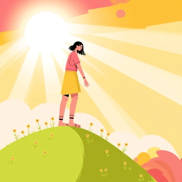 A woman standing on a grassy hilltop, her silhouette highlighted by bright sunbeams streaming from the horizon. The sun is just rising, casting a warm golden light around her. She has long flowing hair that gently sways in the morning breeze. The sky is painted with shades of orange, pink, and soft yellow, creating a vibrant backdrop. Wildflowers dot the grassy hill, swaying slightly in the wind. The scene captures a peaceful moment of solitude and tranquility.