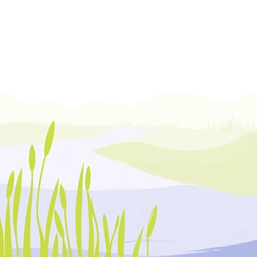A marshland scene with dense, thick fog enveloping the landscape. In the foreground, tall green reeds sway gently in the breeze, their tips slightly bending under the weight of moisture. The surface of the water is partially obscured by the fog, with hints of the reflective blue liquid peeking through. The atmosphere is tranquil, with the soft outlines of distant vegetation barely visible through the mist.