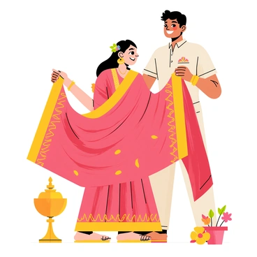 A Maharashtrian woman is gracefully draping a traditional nine-yard saree. The saree is vibrant with intricate patterns in shades of red and gold. She has long black hair tied back with a decorative hairpiece. Beside her, her partner is assisting, holding one end of the saree with a supportive smile. The setting includes a warm indoor space, adorned with traditional decorations like a brass lamp and a few colorful flowers. The couple shares a joyful moment, highlighting the beauty of cultural attire and partnership.