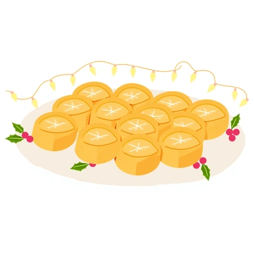 A tray filled with golden mince pies, each with a crispy, flaky crust and a glossy finish. The pies are arranged neatly in rows on a white platter, showcasing their perfectly baked tops adorned with a light dusting of powdered sugar. Surrounding the tray, there are small decorations of holly leaves and red berries, adding a festive touch. The background features a softly glowing string of lights that enhances the warm atmosphere, emphasizing the inviting nature of the gathering.