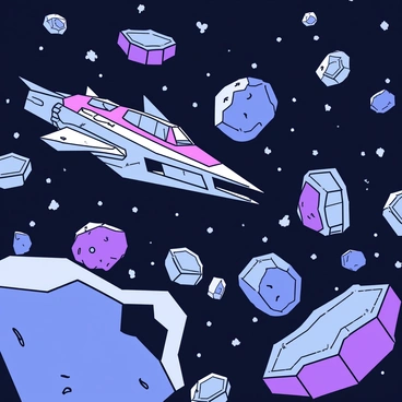 A mercenary ship with sharp, angular features is positioned in a tense standoff with a group of space pirates in a dense asteroid field. The mercenary ship has bold markings and weapon systems visible along its sides. The space pirates' ship is more rugged in design, featuring jagged edges and a menacing silhouette. Surrounding them are numerous asteroids of various sizes, some with craggy surfaces and others with smooth textures. Small clouds of cosmic dust swirl around the asteroids, creating an atmosphere of danger and anticipation. The vastness of space serves as the backdrop, filled with distant stars twinkling in the darkness.