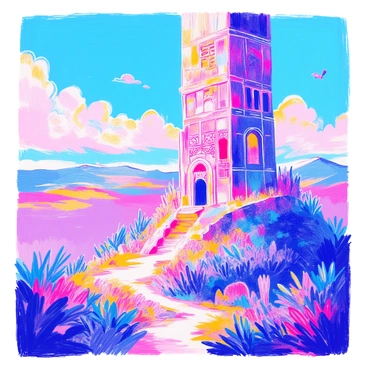 A fantasy tower is constructed from large, shimmering amethyst blocks. The tower's structure features intricate carvings on each block, reflecting the light that streams through its transparent surfaces. Sunlight creates a beautiful array of colors as it passes through the amethyst, casting vibrant hues on the surrounding landscape. The tower stands tall against a clear blue sky, with small clouds gently drifting by. In the foreground, lush greenery surrounds the base of the tower, enhancing the mystical atmosphere of the scene.