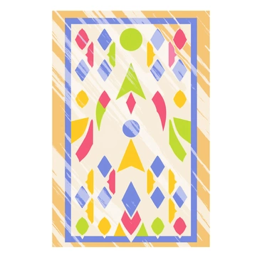 A stained-glass window featuring a rectangular frame filled with intricate geometric patterns. The window displays vibrant colors such as red, blue, green, and yellow in various shapes including triangles, circles, and diamonds. Light shines through the glass, creating colorful reflections on the surrounding surfaces. The patterns are arranged harmoniously, with no two sections identical, showcasing the artistry of the design.