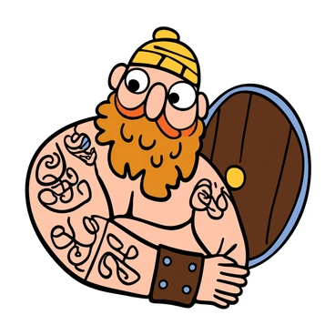 Close-up of a Viking warrior’s arm with big eyes, revealing intricate tattoos that depict his clan’s history. The tattoos feature detailed symbols and patterns representing battles and traditions. The skin is sun-kissed with a rugged texture, showcasing strength. The warrior’s arm is muscular, and he wears a leather armband decorated with metal studs. In the background, hints of a wooden shield can be seen, adding context to his warrior identity.