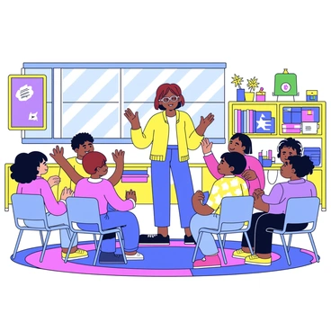 A teacher stands in the center of a colorful classroom, guiding a discussion among engaged students. The teacher is a middle-aged woman with short brown hair, wearing glasses and a bright yellow sweater. Around her, there are six students of various ethnicities, sitting on a multi-colored carpet. Each student holds a notebook and raises a hand to contribute to the conversation. The classroom walls are adorned with educational posters in vibrant colors. There is a large window allowing sunlight to stream in, illuminating the space filled with bookshelves and art supplies.