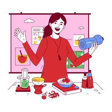 A red presenter with a bright smile is standing in front of a colorful backdrop displaying various products. The presenter is holding a shiny blue kitchen gadget in one hand while gesturing enthusiastically with the other hand. There are neatly arranged products on a table beside the presenter, including a green blender, a yellow mixing bowl, and several decorative items. The presenter is wearing a fitted outfit and has a wireless microphone attached, clearly engaging with an invisible audience.