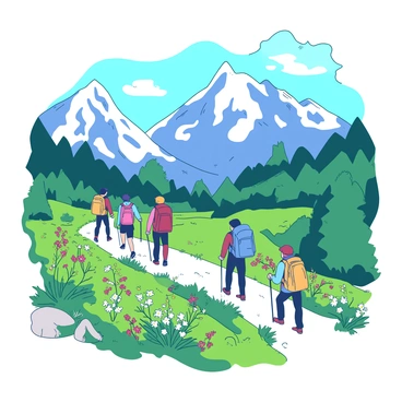 A group of hikers is navigating a winding trail in the Pahalgam mountains. The trail is lined with a variety of wildflowers in vibrant colors, adding brightness to the scene. The hikers, dressed in colorful outdoor gear, carry backpacks and are engaged in conversation, enjoying the beauty around them. Towering mountain peaks rise in the background, partially covered with patches of white snow. The sky above is clear, with a few fluffy clouds drifting by. The lush greenery surrounding the trail enhances the lively atmosphere of the hike.