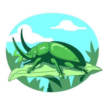 A green Hercules beetle is resting on a delicate leaf, its shiny exoskeleton reflecting the sunlight. The beetle's large horns are prominently displayed, catching the light as the gentle breeze causes the leaf to sway slightly. In the background, soft green foliage is visible, creating a natural habitat. The sky is bright blue, with a few fluffy white clouds scattered, enhancing the warm, sunny atmosphere of the day. The sunlight creates dappled patterns on the beetle's body, highlighting its intricate details.