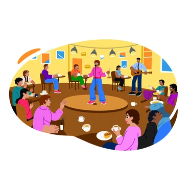 A cozy coffee shop interior filled with warm lighting and small round tables. A wooden stage is set up at one end, where a performer stands with a microphone in hand, passionately singing. The audience consists of relaxed patrons, some sipping on coffee and others engaged in conversation, seated at tables with mugs and pastries. A second performer waits in the background with a guitar, ready for their turn. Colorful artwork adorns the walls, adding to the inviting atmosphere of the open mic night.