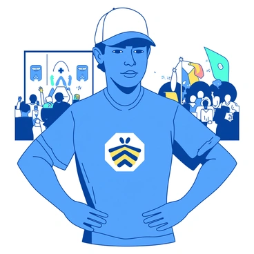 A blue contestant is wearing a white cap featuring a large bee emblem prominently displayed on the front. The contestant has a determined expression as they prepare for the competition. The cap is slightly tilted to one side, emphasizing the bee emblem, which is detailed with black stripes and yellow accents. In the background, there are colorful banners and cheering spectators, creating an energetic atmosphere. The contestant is standing confidently, with their hands on their hips, ready to take on the challenge ahead.