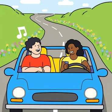 A young couple sitting in a colorful car with a vibrant blue exterior, parked on a long winding road surrounded by green hills. The driver, a man with light skin and dark curly hair, is smiling widely as he grips the steering wheel. The passenger, a woman with medium skin and long black hair, is looking at him with a joyful expression while holding a smartphone. The car's interior has a playful design with bright yellow seats and cheerful decorations. Music notes are illustrated around them, depicting their singing along to a catchy tune. Sunlight filters through the car windows, casting warm light on their faces, creating a lively atmosphere. The road continues into the distance, lined with colorful wildflowers.