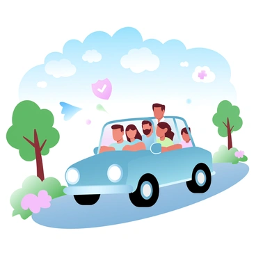 A family is inside a car driving on a sunny road. The car is a bright color, and the road is lined with green trees and vibrant flowers. Above the car, various insurance icons are floating, including symbols like a house, a car shield, and a medical cross. The sky is clear blue with a few fluffy clouds. The sunlight creates a warm atmosphere, illuminating the scene with pastel hues.
