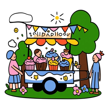 A charming cupcake cart with a variety of frosted desserts at a garden party