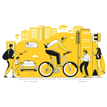 A bicycle courier racing down a busy city street. The courier is wearing a yellow jacket and a helmet. The bicycle is sleek and modern, with a distinctive design. Surrounding the courier, people are walking briskly, some looking at their phones, while others are chatting. Cars are navigating the street, creating a sense of movement. Tall buildings line the street, and traffic lights can be seen in the background. The scene conveys a sense of urgency and energy in the urban environment.