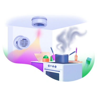 A smoke detector mounted on the ceiling is beeping, indicated by a red, flashing light. Below it, wisps of gray smoke rise from a stove in a nearby kitchen. The kitchen features a white stove with a pot boiling over, creating more smoke. Various kitchen utensils, such as a spatula and a cutting board, are placed around the stove. The room is well-lit, contrasting with the dark smoke.