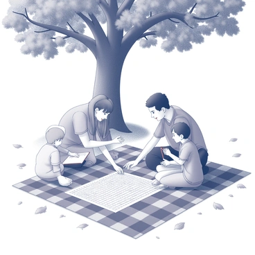 A family of four is gathered on a picnic blanket spread out on the grass. The blanket is adorned with a classic checkered pattern. The parents and two children are focused on a large crossword puzzle laid out in front of them. The mother has a pencil in hand, while the father is leaning forward, deep in thought. One child is drawing in a notebook, while the other is pointing at the crossword, eagerly suggesting answers. Above them, a big oak tree provides shade, its thick trunk and sprawling branches creating a calming atmosphere. The ground is dotted with fallen leaves, adding to the natural setting.