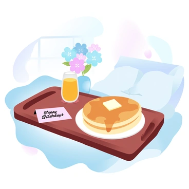 A wooden breakfast tray is placed on a neatly made bed with soft, fluffy white bedding. On the tray, there is a stack of golden pancakes topped with a pat of melting butter and a drizzle of syrup. Next to the pancakes, a glass of freshly squeezed orange juice is positioned, catching the morning light. A small vase holds a colorful bouquet of blooming flowers, adding a touch of vibrancy to the scene. The background features a cozy bedroom setting with light streaming in from a window. A card with the words "Happy Birthday" is also placed on the tray, making the scene feel festive and special.