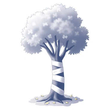 A tree with a sturdy trunk and lush branches is wrapped in white bandages. The bandages are tightly secured around the trunk, symbolizing protection and healing. Some of the branches extend outward, where leaves are gently rustling. The ground around the tree is littered with fallen leaves, emphasizing the connection to nature. The surrounding area appears calm and serene, enhancing the focus on the tree's symbolism of care.