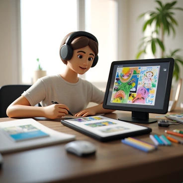 An artist with light skin and short brown hair, focused on their work, sits at a modern desk. They are using a sleek digital tablet, which displays a vibrant illustration filled with a variety of colors. The artist is wearing headphones and has a stylus in hand, actively engaged in adding details to the artwork. The workspace is organized, with art supplies and sketches scattered around, illuminated by soft, natural light coming from a nearby window.