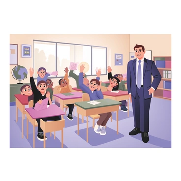 A prime minister is visiting a bright and inviting classroom filled with excited children. The prime minister, a middle-aged person with short brown hair, is dressed in a tailored navy suit and a light blue tie. They are standing at the front of the classroom, smiling as they interact with the children. The children, a diverse group of boys and girls, are sitting at colorful desks, raising their hands eagerly, and some are holding up drawings they made. The walls of the classroom are adorned with educational posters and children's artwork. Sunlight streams through large windows, illuminating the lively atmosphere. A globe and books are visible on a shelf in the corner, adding to the academic environment.