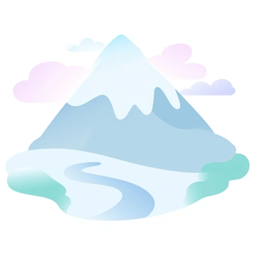 A majestic mountain peak covered in a thick layer of snow is illuminated by soft light. The snow on the peak is glistening, reflecting various gradient pastel colors. Below the peak, the trails are carved into the snow, forming large cation symbols that are distinctly visible against the white terrain. The surrounding landscape features a gentle slope leading up to the peak, with patches of green grass peeking through the snow at lower elevations. The sky above is painted in a blend of pastel colors, creating a tranquil atmosphere.