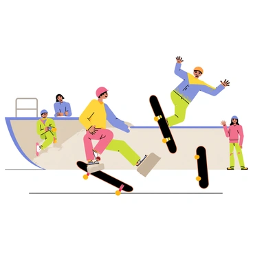 A skate park with a concrete surface and ramps in the background is filled with vibrant colors. In the foreground, two friends are performing tricks on their skateboards. One friend is executing an impressive kickflip, with their skateboard flipping beneath their feet. The other friend is in mid-air, performing a grab trick, their arms reaching out for balance. Both friends are wearing helmets and colorful skate gear. Around them, a few spectators are watching, adding to the lively atmosphere of the park.