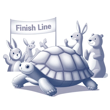 A tortoise stands proudly at the finish line of a race, showcasing its textured shell and determined expression. Surrounding the tortoise is a cheering crowd composed of various animals, including a rabbit, a deer, and a bear, all expressing joy and excitement. The rabbit has its hands raised in encouragement, while the deer has its ears perked up in enthusiasm. The bear is clapping its large paws together, adding to the celebration. In the background, a banner reading "Finish Line" is visible, marking the end of the race.