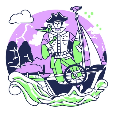The Tin Man is dressed in a pirate outfit, complete with a tricorn hat adorned with feathers. He stands at the helm of a ship, gripping the wheel tightly. The ship's wooden deck is slick with rain, and the sails are billowing against dark, stormy clouds that fill the sky. Waves crash around the ship, splashing up over the sides. The Tin Man's metallic body glistens under the faint light as lightning illuminates the scene, casting dramatic shadows. A parrot sits perched on his shoulder, squawking amidst the chaos. In the distance, rocky cliffs are partially obscured by mist.