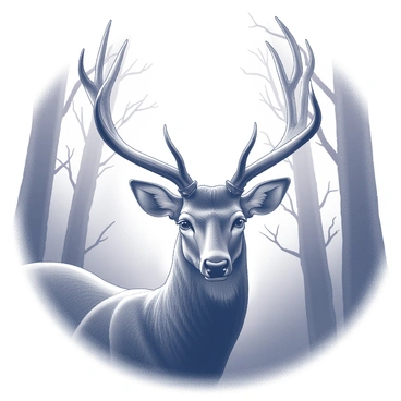 A deer's head with large, branching antlers is prominently displayed, emerging from a dense, foggy forest. The background features tall trees with gnarled branches, partly obscured by swirling mist. The deer's eyes are dark and reflective, conveying an ethereal presence. The surrounding atmosphere is thick with fog, creating a soft, diffused light that adds to the mysterious setting. Delicate details of the deer's fur are visible, enhancing its majestic appearance against the blurred backdrop of the forest.