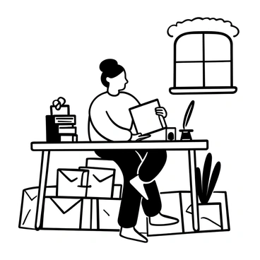 Kartini sitting at a wooden table surrounded by stacks of letters and envelopes. She holds an open letter in her hands, with several more scattered around her. A small potted plant is placed on the table, and a quill and ink bottle are positioned nearby. The room has simple furnishings, with light coming through a window beside her. The overall scene captures a moment of contemplation and connection.