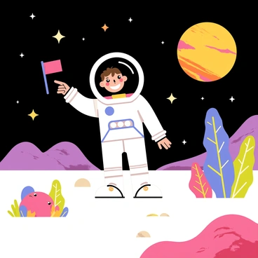 A child wearing a white astronaut suit with a reflective visor is standing on a rocky surface that resembles a distant planet. The child appears excited, holding a small flag in one hand while pointing at colorful alien plants with the other. Bright stars twinkle in the dark sky above, and a large, colorful planet looms in the background. The terrain is uneven, with craters and patches of unusual textured rocks. A few small, friendly-looking extraterrestrial creatures are curiously observing the child from a distance.