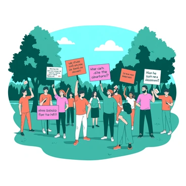 A teal public park is filled with diverse participants actively engaged in a peaceful protest advocating for rights. Each person is holding brightly colored signs displaying slogans in bold lettering, with some signs being orange, while others are pink, reflecting the various messages of the protest. In the background, trees provide a frame for the gathering, while a clear blue sky is visible above. The participants are dressed in a mix of casual clothing, showing unity in their cause, with some wearing matching t-shirts. A sense of camaraderie is palpable among the crowd as they stand together, expressing their beliefs passionately.