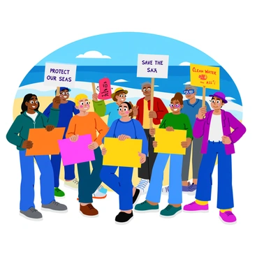 A diverse group of people standing together, holding colorful signs that read "Save the Ocean," "Protect Our Seas," and "Clean Water for All." The protesters represent various ages and backgrounds, wearing casual clothing and expressing determination. Sunlight casts bright reflections on their signs, highlighting the vibrant colors. In the background, a coastal scene with waves gently crashing on the shore and a clear blue sky adds context to the demonstration. Some protesters are wearing hats or sunglasses, while others have face paint in shades of blue and green, symbolizing the ocean.