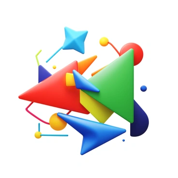 A 3D icon of an abstract background with colorful geometric shapes like triangles, circles, and squares. The shapes are arranged in an overlapping pattern. There are vibrant lines connecting some of the shapes, creating a dynamic flow throughout the design. The colors include bold reds, blues, yellows, and greens, giving a lively and energetic appearance. The composition showcases depth and perspective, emphasizing the three-dimensional aspects of the geometric forms.