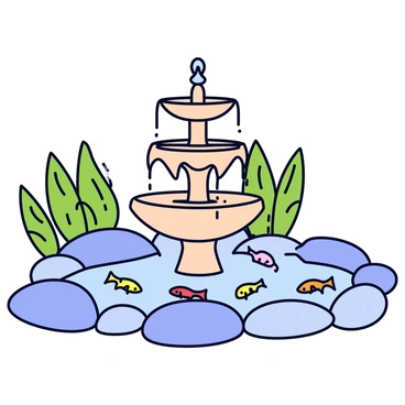 A decorative fountain with three tiers, each level adorned with intricate floral designs. Water cascades down from the top tier into a crystal-clear koi pond below. The pond is filled with colorful koi fish swimming gracefully. Surrounding the pond are lush green plants and smooth, round stones, creating a harmonious environment. The fountain has a soft, natural stone finish that complements the serene setting.