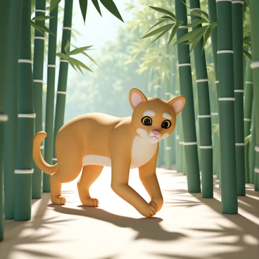 A puma, with a sleek tan coat and piercing yellow eyes, is prowling gracefully through a dense bamboo forest. The bamboo stalks are tall and green, creating a lush backdrop filled with various shades of green. Sunlight filters through the foliage, casting dappled shadows on the forest floor. The puma's muscles are tense and defined as it moves stealthily, its tail flicking slightly. The atmosphere is vibrant with the interplay of light and shadow, highlighting the natural beauty of the scene.