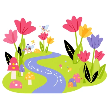 A vibrant garden in Neverland filled with oversized flowers in various colors, including bright red, deep purple, and sunny yellow. The flowers have large petals and whimsical shapes, towering over small magical creatures. The magical creatures include tiny fairies with shimmering wings fluttering around, and playful pixies peeking from behind the flowers. A sparkling stream runs through the garden, reflecting the colors of the flowers. Lush green grass carpets the ground, interspersed with colorful mushrooms. The scene is lively, with the creatures interacting joyfully among the vibrant flora.