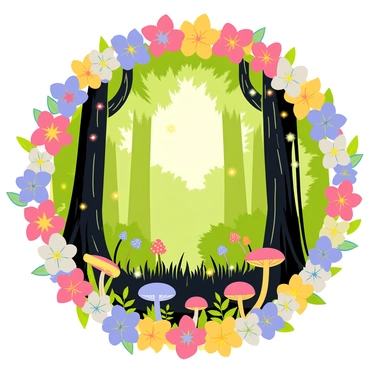 A magical frame composed of multicolored flowers with glowing petals encircles a dense enchanted forest. The flowers are in various shapes and sizes, some resembling stars, while others are shaped like delicate bells. Twinkling lights of different colors sparkle throughout the frame, resembling tiny fireflies dancing in the air. The enchanted forest behind the frame features tall, ancient trees with twisting trunks and lush green leaves. Soft, radiant light filters through the canopy, illuminating small patches of the forest floor, where vibrant mushrooms and ferns grow.