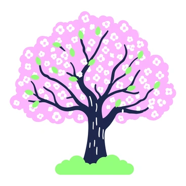 A flowering cherry tree is depicted in full bloom, with clusters of delicate pink flowers covering its branches. The trunk of the tree is sturdy, showing rough bark textures. The tree stands tall, its branches gently arching under the weight of the blossoms. In the background, a clear sky is visible, providing a bright and unobstructed backdrop that emphasizes the beauty of the tree. The sunlight highlights the flowers, creating a vibrant contrast against the openness of the sky.