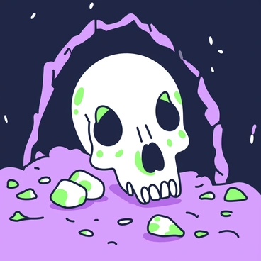 A dog skull is positioned on a rocky surface inside a dimly lit cave. The skull is detailed, showcasing its teeth and eye sockets clearly. Shadows dance across the skull as the sparse light filters through the cave's entrance, casting an eerie atmosphere. Surrounding the skull are small stones and bits of debris, adding to the natural cave environment. The cave walls are rugged and uneven, creating a stark contrast with the smooth surface of the skull.